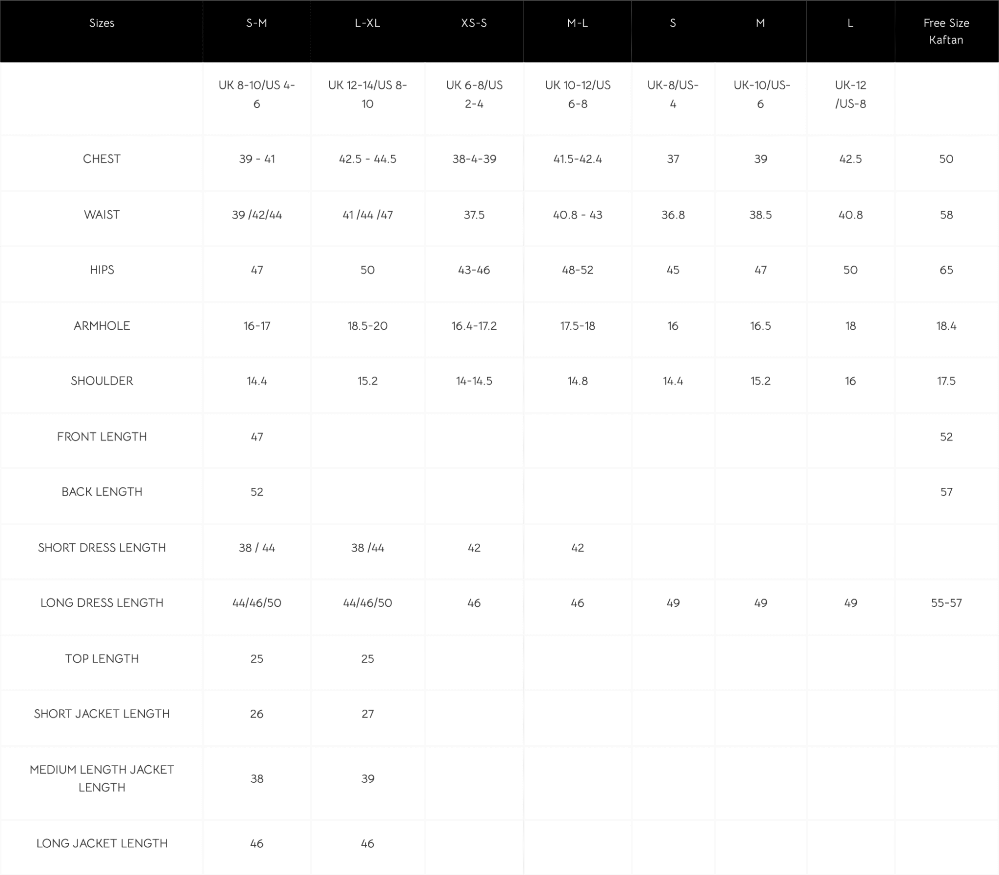 Sizing Information - SR by Sonali Raman | Clothing | Handmade Jewellery